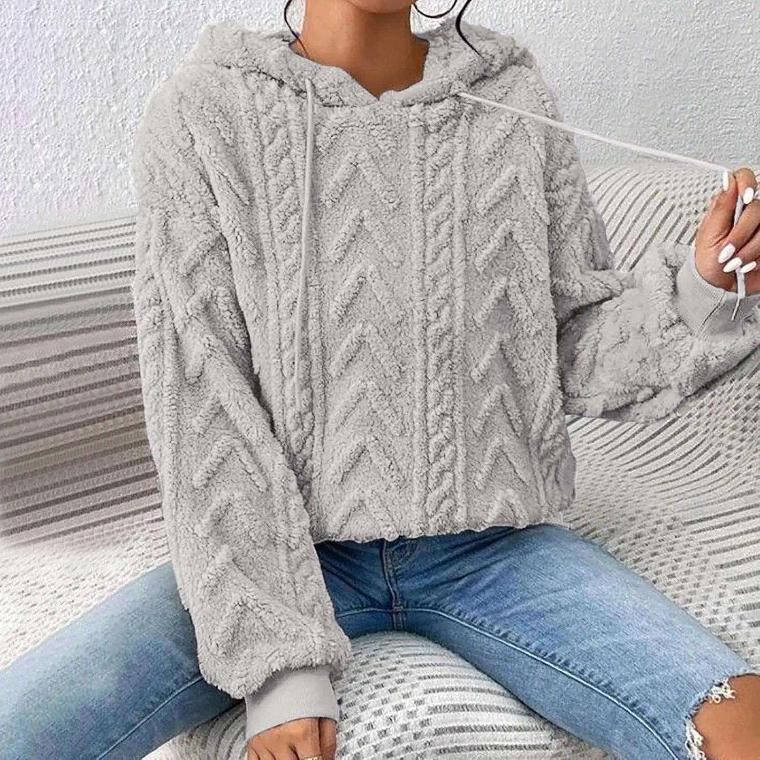 Oversized Hoodie For Women, Cable Knit Fuzzy Pullover Sweatshirt, Fall Clothes