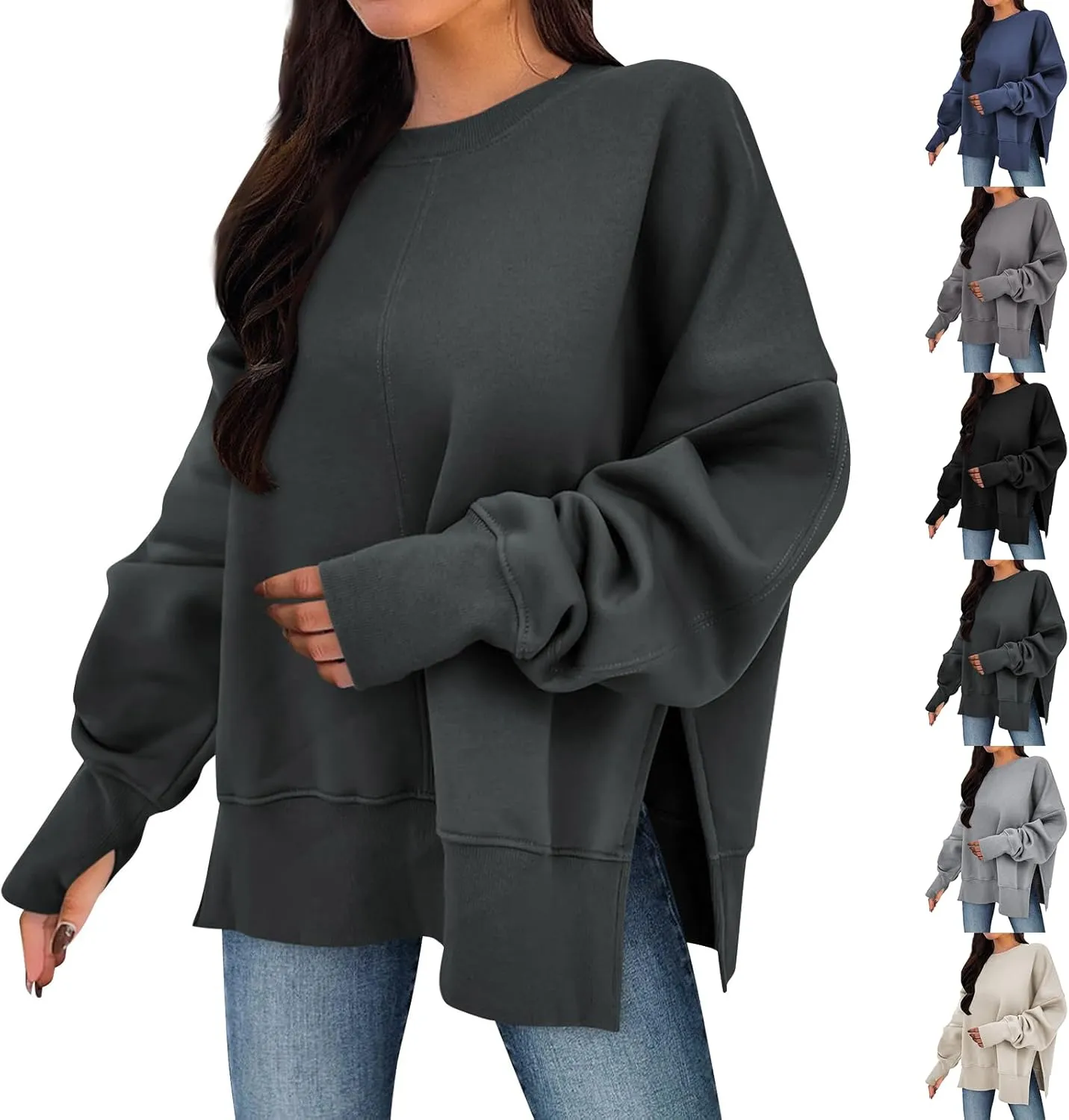Oversized Sweatshirt for Women Loose Fit Drop Shoulder Split Hem Tops Thumb Hole Trendy Y2K Sweater Pullover