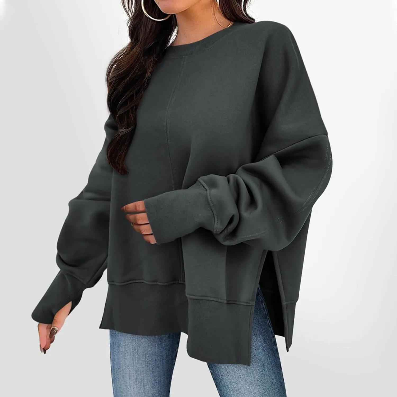 Oversized Sweatshirt for Women Loose Fit Drop Shoulder Split Hem Tops Thumb Hole Trendy Y2K Sweater Pullover