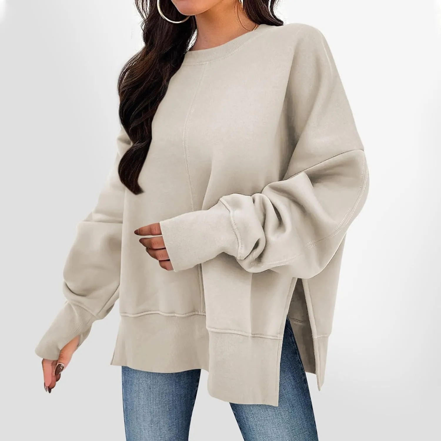 Oversized Sweatshirt for Women Loose Fit Drop Shoulder Split Hem Tops Thumb Hole Trendy Y2K Sweater Pullover