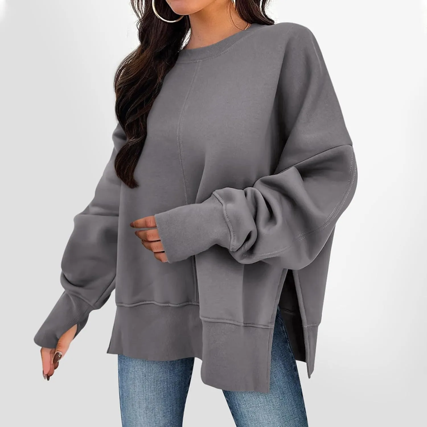 Oversized Sweatshirt for Women Loose Fit Drop Shoulder Split Hem Tops Thumb Hole Trendy Y2K Sweater Pullover