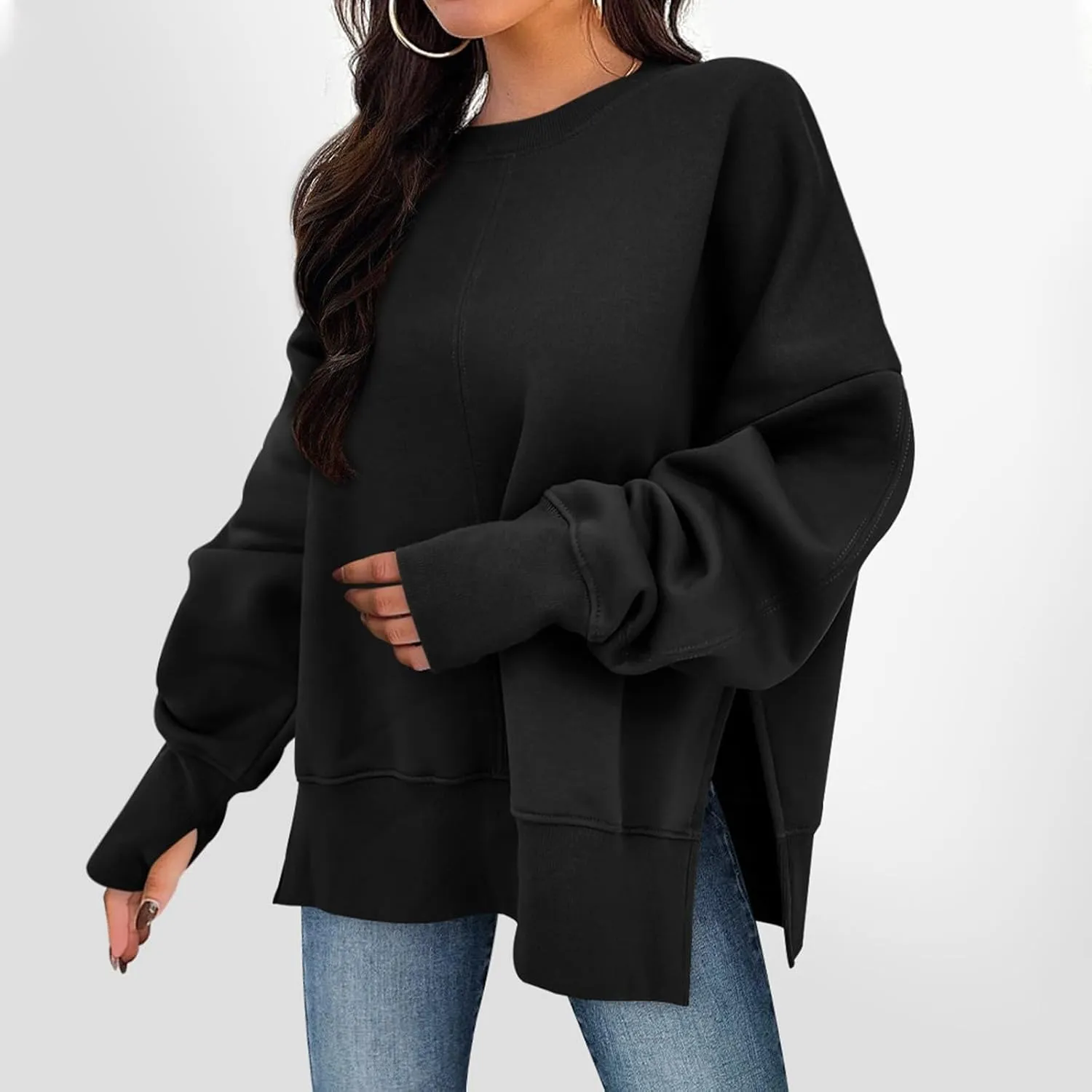 Oversized Sweatshirt for Women Loose Fit Drop Shoulder Split Hem Tops Thumb Hole Trendy Y2K Sweater Pullover