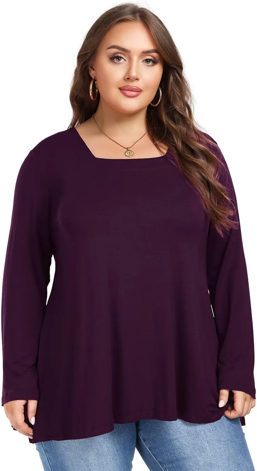 OVERWORETY Womens Plus Size T-Shirt Square Neck Long Sleeve Loose Casual Tunic Tops