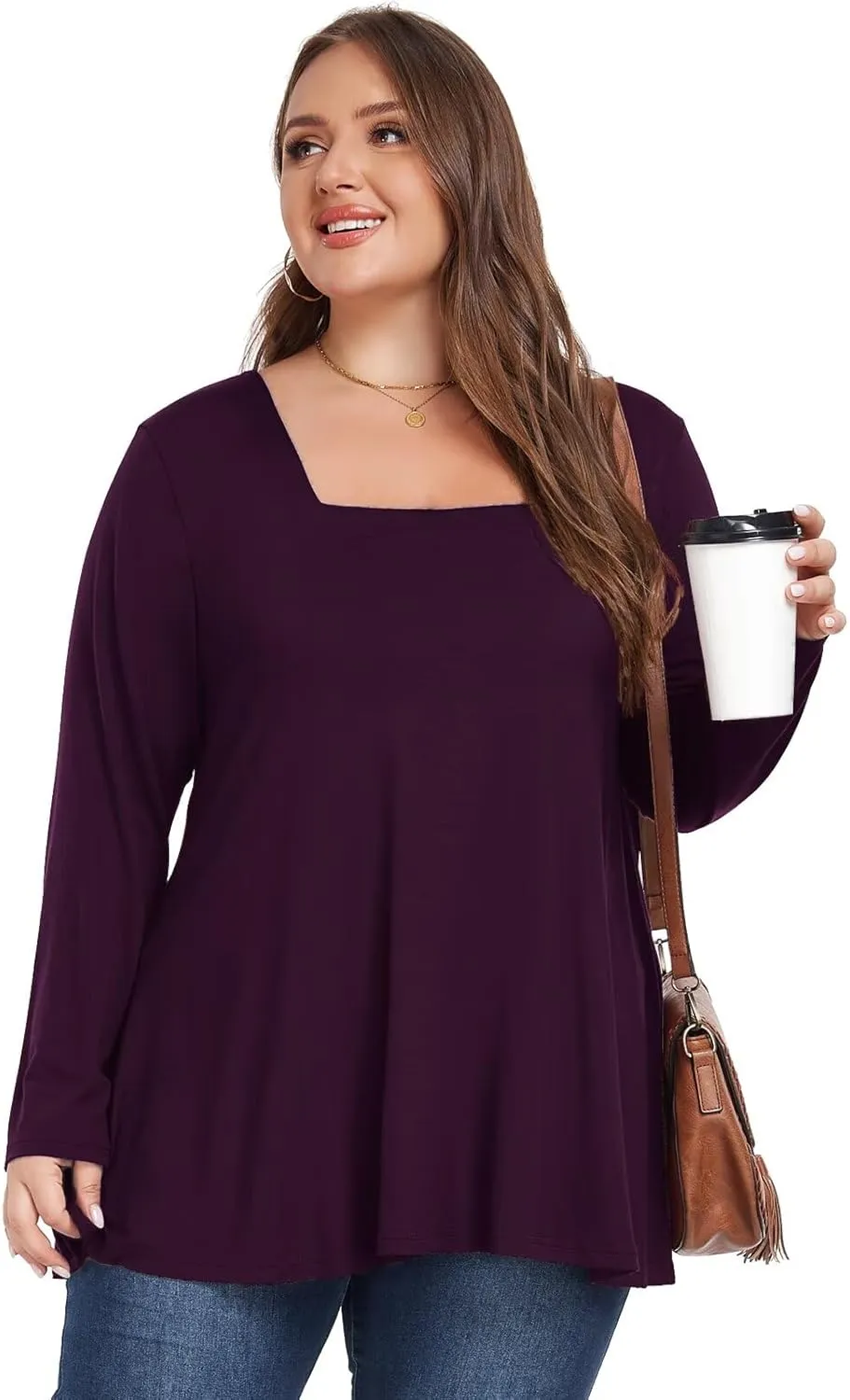 OVERWORETY Womens Plus Size T-Shirt Square Neck Long Sleeve Loose Casual Tunic Tops