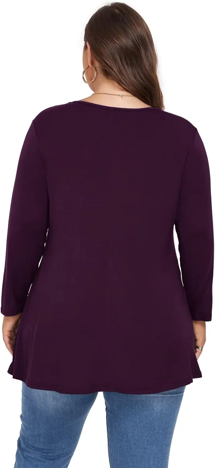 OVERWORETY Womens Plus Size T-Shirt Square Neck Long Sleeve Loose Casual Tunic Tops
