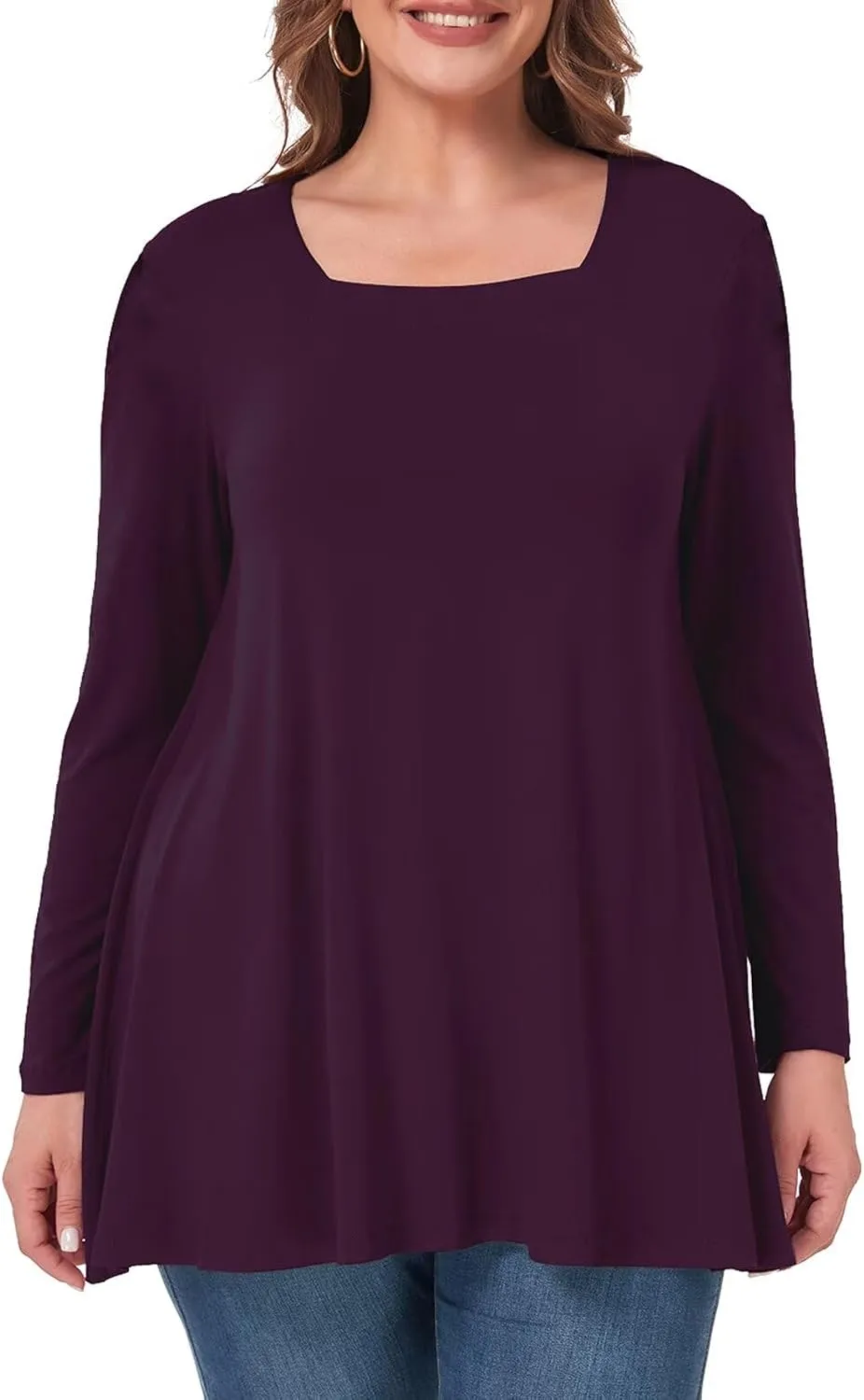 OVERWORETY Womens Plus Size T-Shirt Square Neck Long Sleeve Loose Casual Tunic Tops