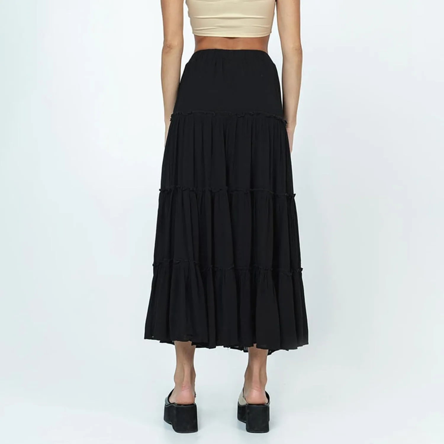 Owl's-Yard Women's Summer Maxi Skirts Floral Print/Solid Color Elastic Waist Spring Big Swing Skirts Casual Beach Skirts
