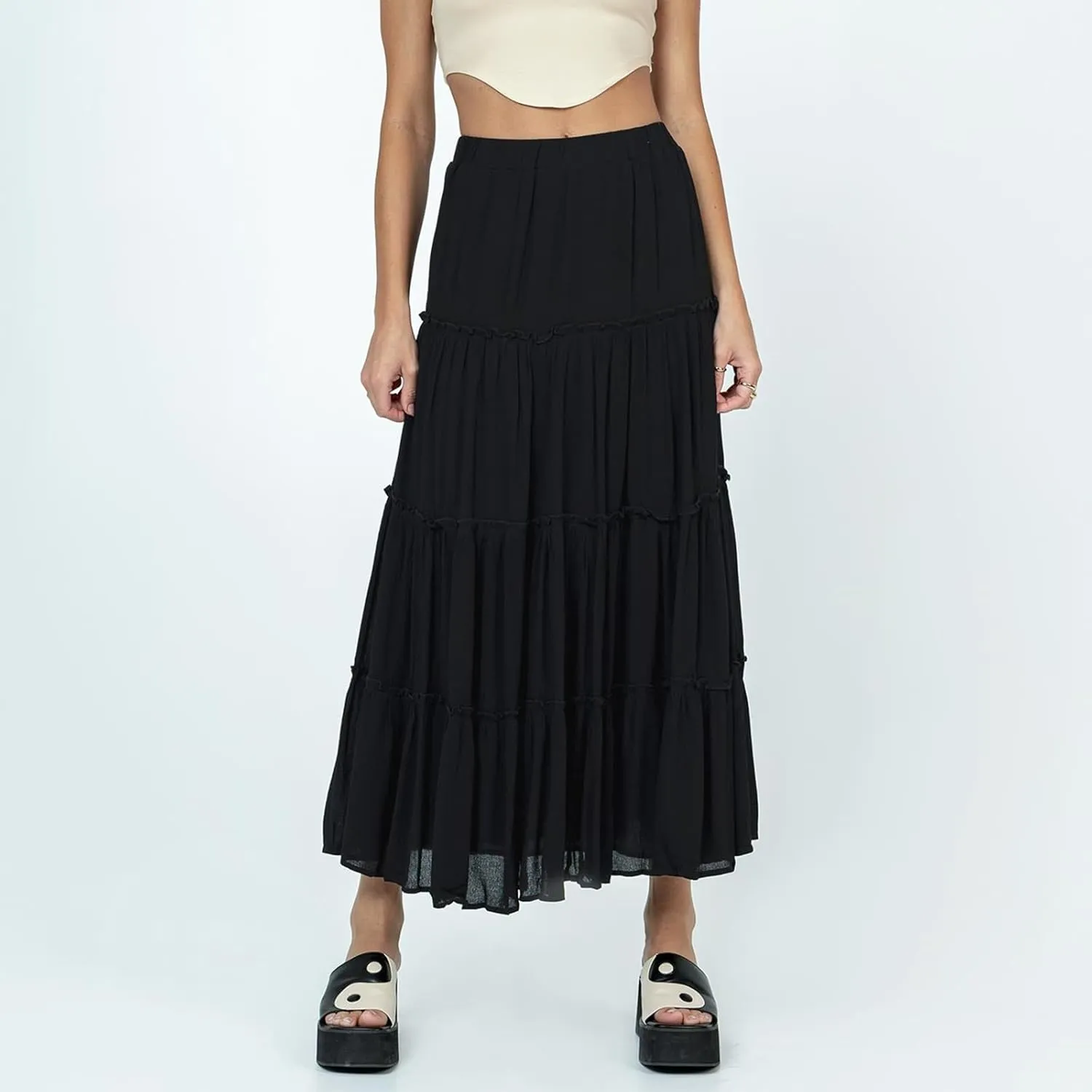 Owl's-Yard Women's Summer Maxi Skirts Floral Print/Solid Color Elastic Waist Spring Big Swing Skirts Casual Beach Skirts