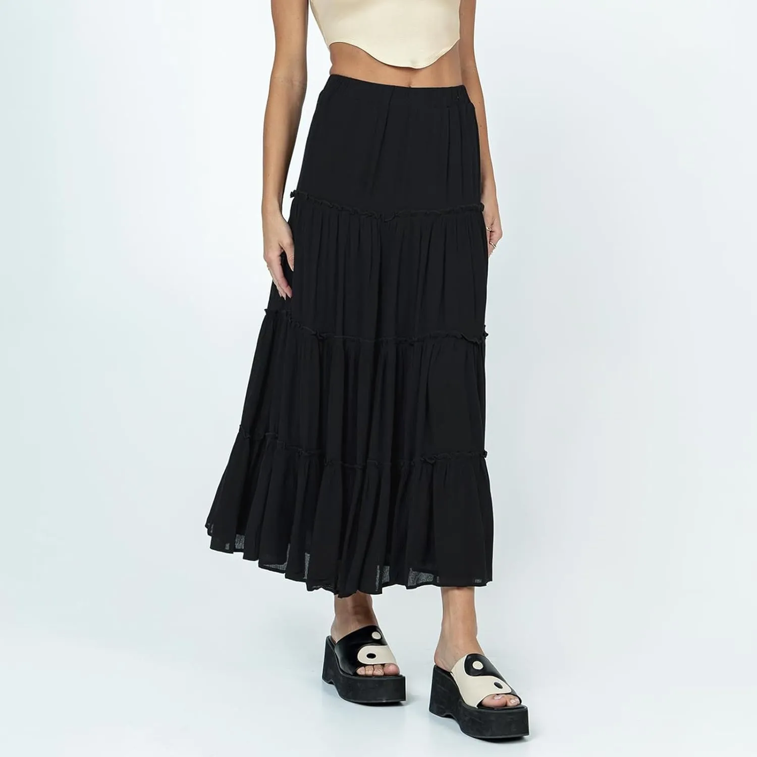 Owl's-Yard Women's Summer Maxi Skirts Floral Print/Solid Color Elastic Waist Spring Big Swing Skirts Casual Beach Skirts