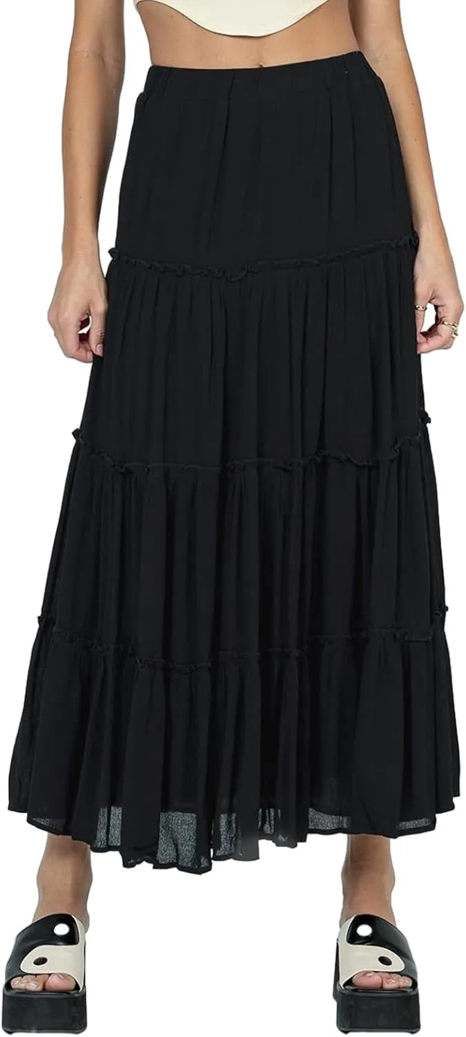 Owl's-Yard Women's Summer Maxi Skirts Floral Print/Solid Color Elastic Waist Spring Big Swing Skirts Casual Beach Skirts