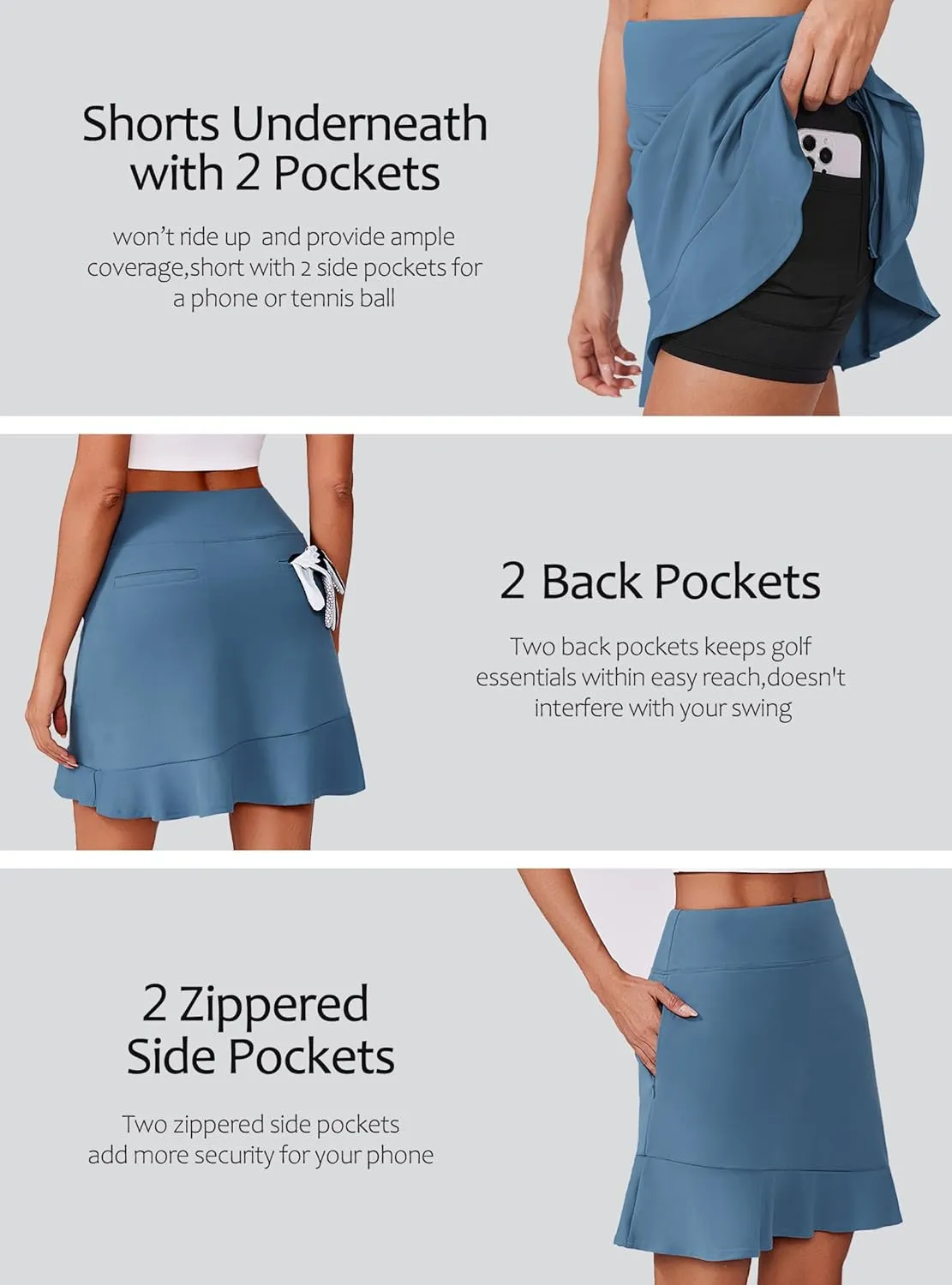 PINSPARK 18" Golf Skorts Skirts for Women with 6 Pockets UPF50  Athletic Tennis Skorts High Waist Modest Casual Ruffle Skirt