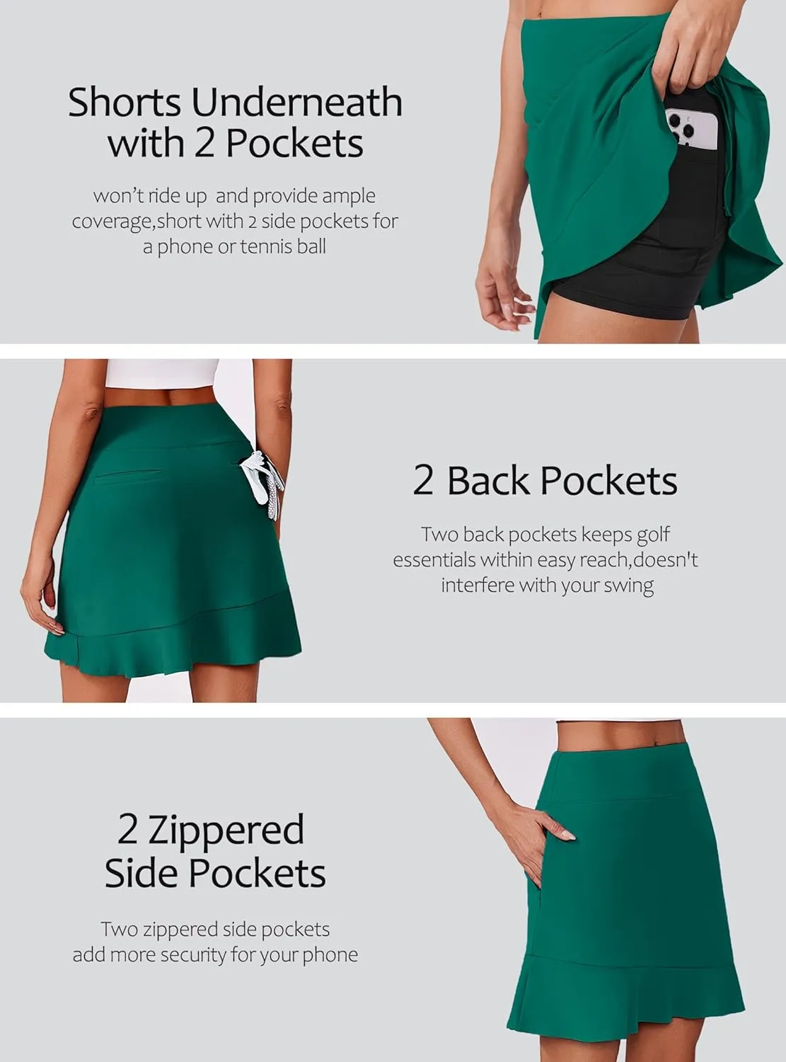 PINSPARK 18" Golf Skorts Skirts for Women with 6 Pockets UPF50  Athletic Tennis Skorts High Waist Modest Casual Ruffle Skirt