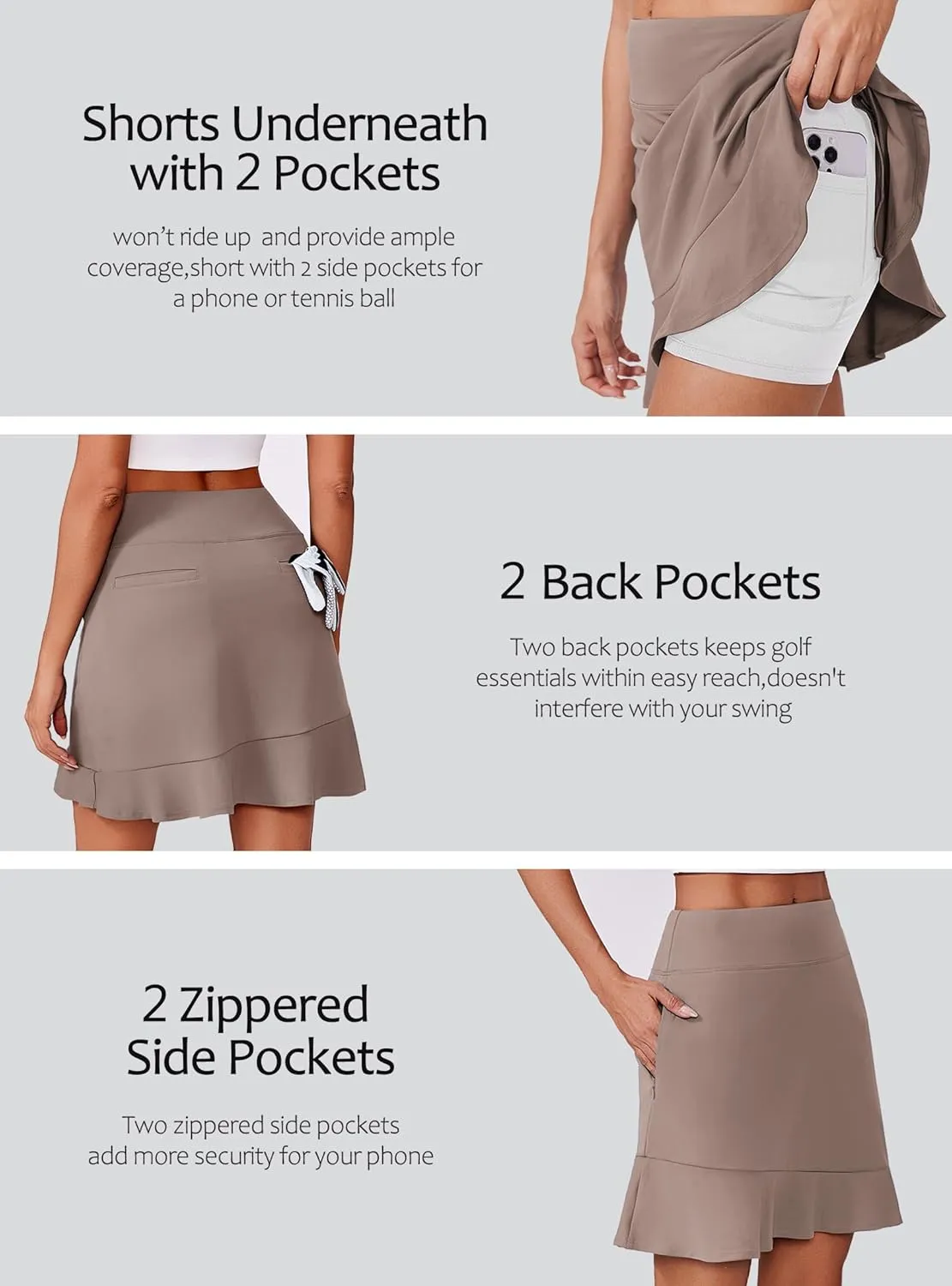 PINSPARK 18" Golf Skorts Skirts for Women with 6 Pockets UPF50  Athletic Tennis Skorts High Waist Modest Casual Ruffle Skirt
