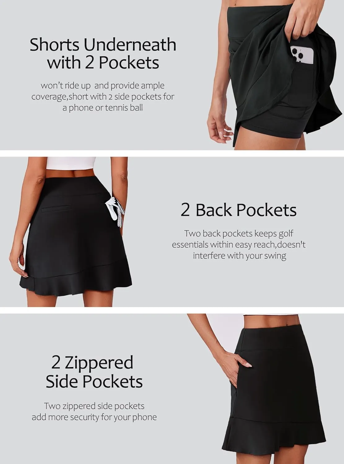 PINSPARK 18" Golf Skorts Skirts for Women with 6 Pockets UPF50  Athletic Tennis Skorts High Waist Modest Casual Ruffle Skirt