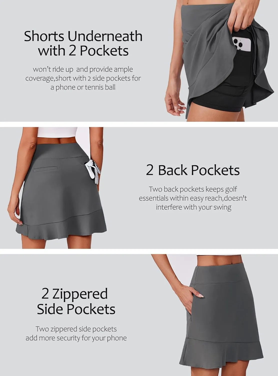 PINSPARK 18" Golf Skorts Skirts for Women with 6 Pockets UPF50  Athletic Tennis Skorts High Waist Modest Casual Ruffle Skirt