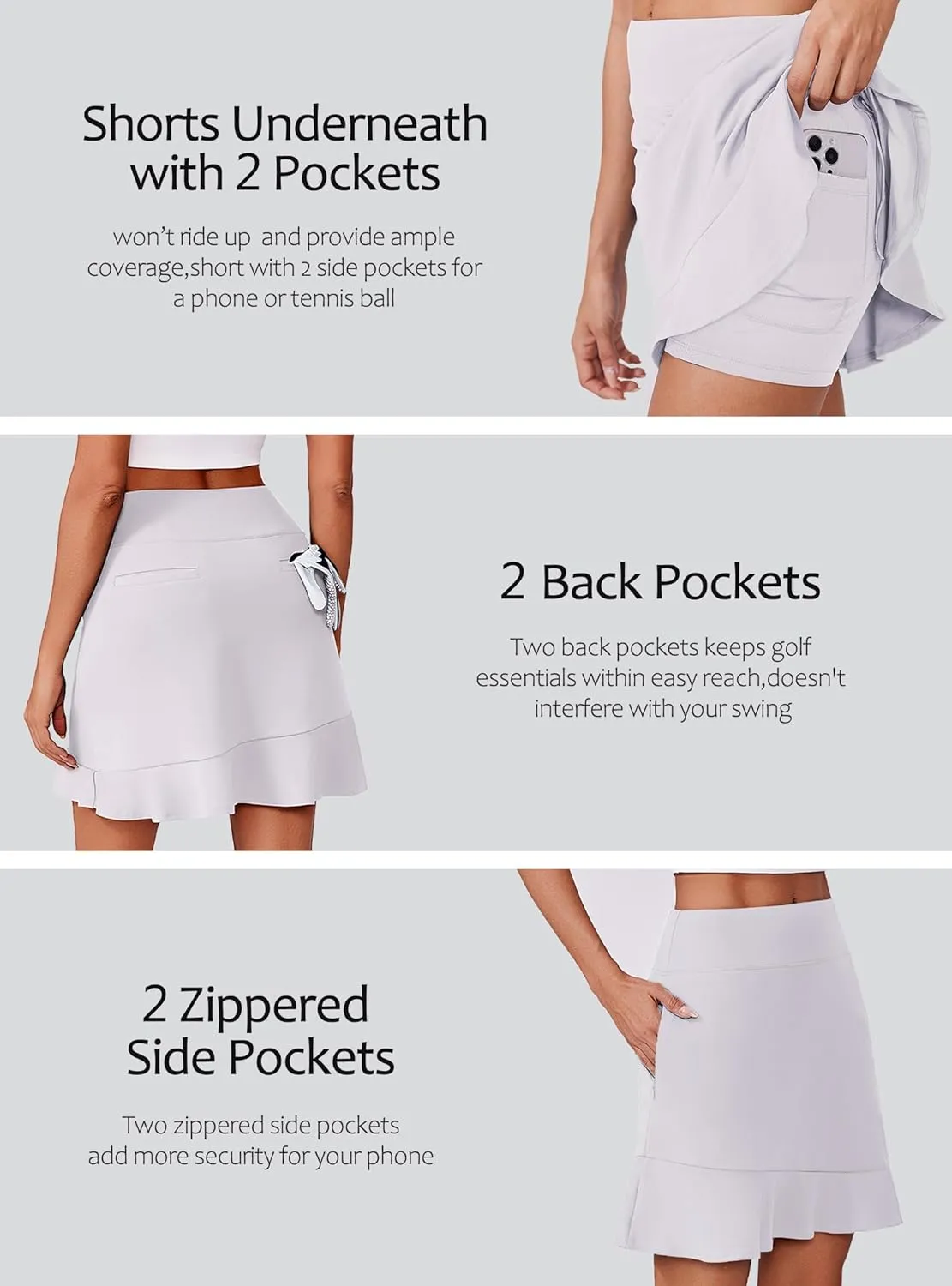 PINSPARK 18" Golf Skorts Skirts for Women with 6 Pockets UPF50  Athletic Tennis Skorts High Waist Modest Casual Ruffle Skirt