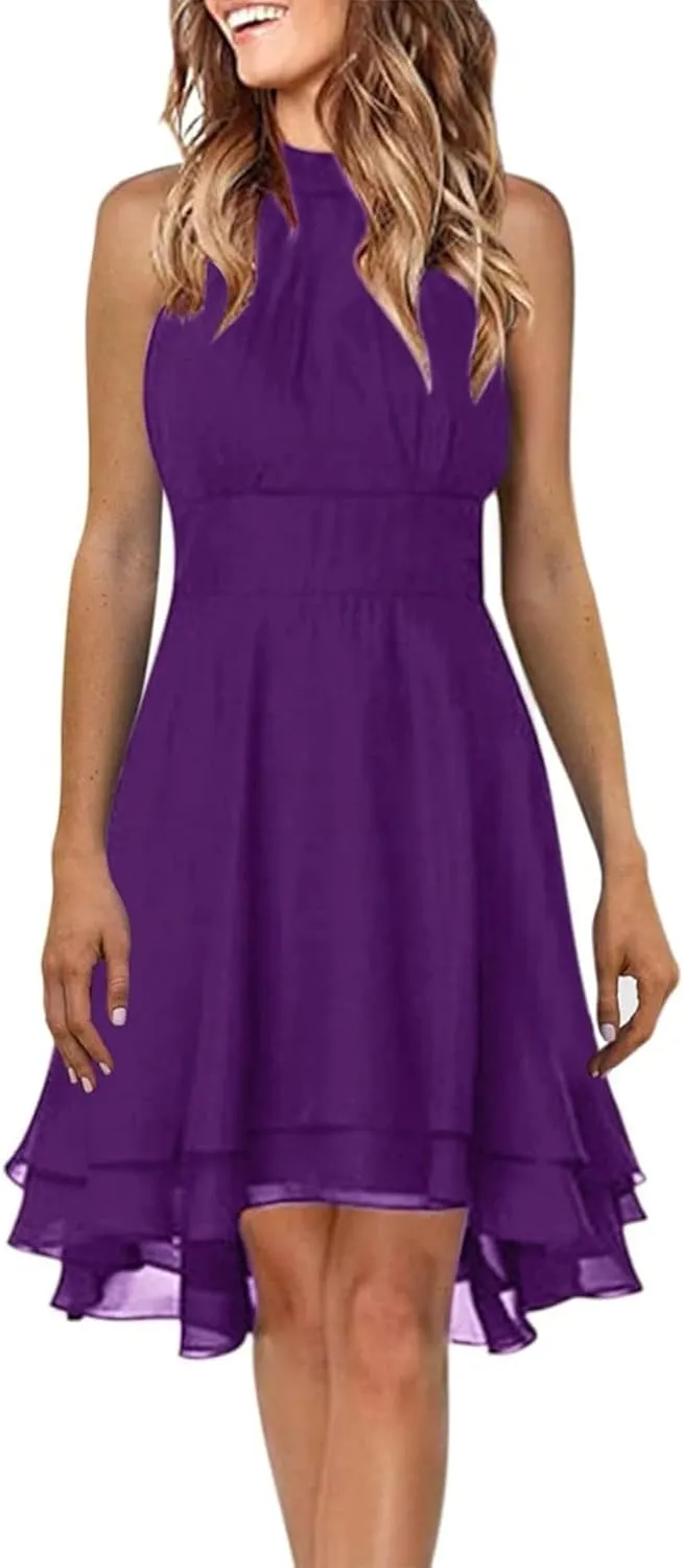Plus Size Sexy Off The Shoulder Cocktail Dress for Women Trendy Sleeveless Chiffon Formal Ruched Midi Halter Dress