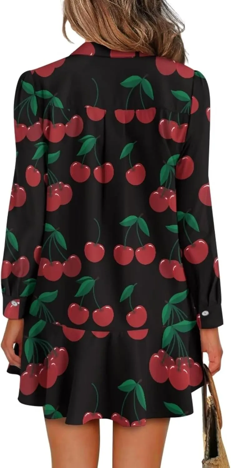 POLERO Womens Floral Mini Shirt Dress V Neck Ruffle Hem Mini Dresses with Pockets Short Dress