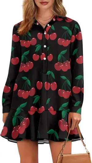 POLERO Womens Floral Mini Shirt Dress V Neck Ruffle Hem Mini Dresses with Pockets Short Dress