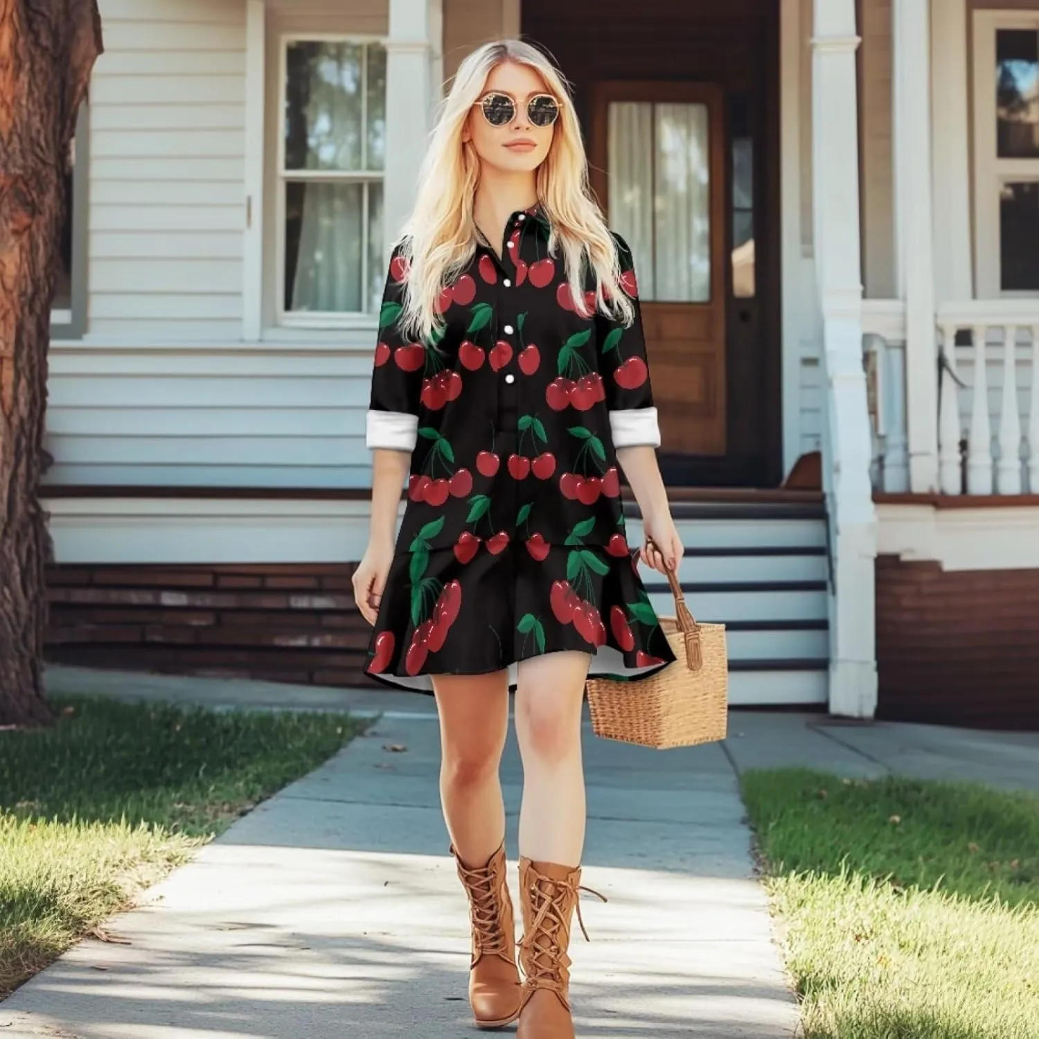 POLERO Womens Floral Mini Shirt Dress V Neck Ruffle Hem Mini Dresses with Pockets Short Dress