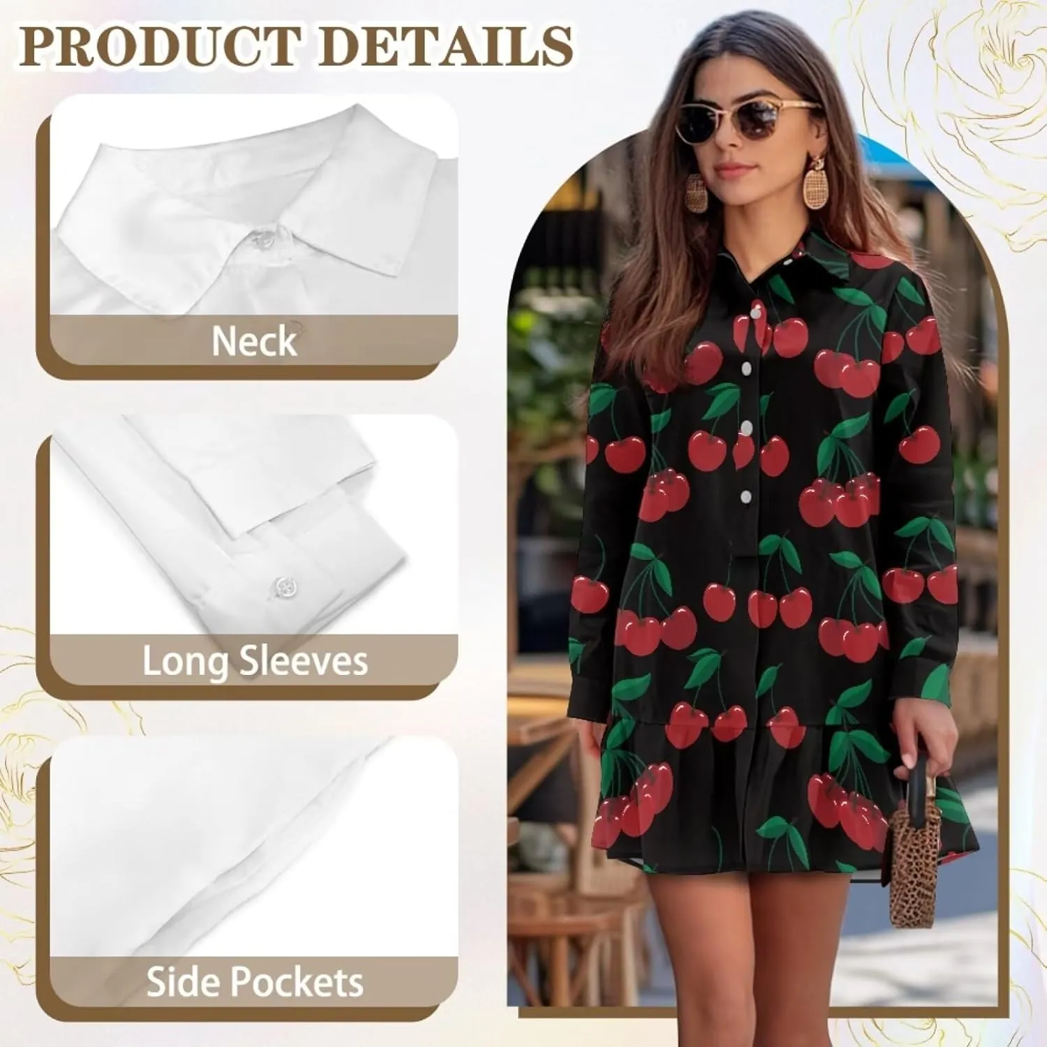 POLERO Womens Floral Mini Shirt Dress V Neck Ruffle Hem Mini Dresses with Pockets Short Dress