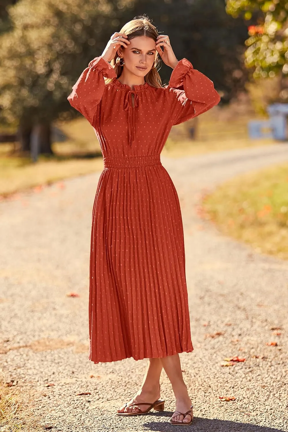 PRETTYGARDEN Women's 2025 Spring Fall Midi Dress Casual Long Sleeve V Neck Swiss Dot Pleated A Line Flowy Dresses