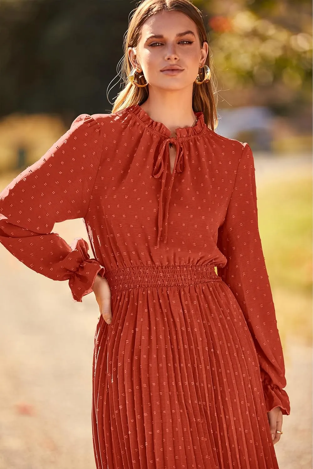PRETTYGARDEN Women's 2025 Spring Fall Midi Dress Casual Long Sleeve V Neck Swiss Dot Pleated A Line Flowy Dresses
