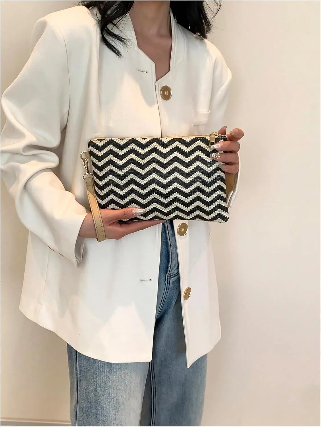 QWINEE Women's Striped Wristlet Wallets Color Block Zipper Clutch Handbags