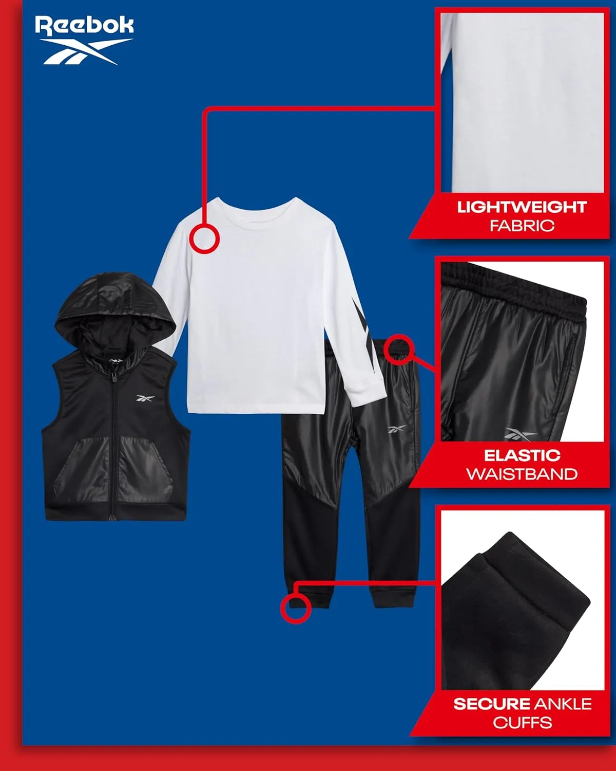 Reebok Boys Athletic Set - 3 Piece Zip Puffer Vest, Long Sleeve Jersey Tee, and Fleece Jogger Pants for Toddlers/Boys (12M-7)