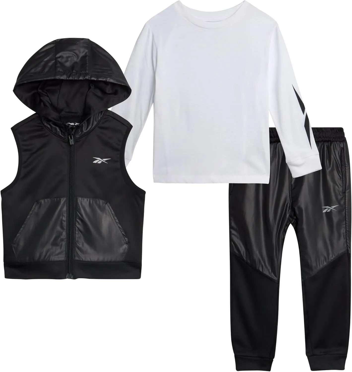 Reebok Boys Athletic Set - 3 Piece Zip Puffer Vest, Long Sleeve Jersey Tee, and Fleece Jogger Pants for Toddlers/Boys (12M-7)