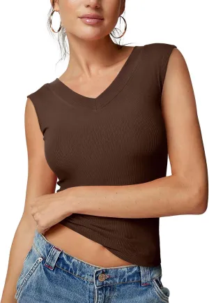 REORIA Womens Sleeveless V Neck Tank Tops Basic Tops Cap Sleeve T Shirt Tee Spring Summer Tops Casual Slim Fit Ribbed Top