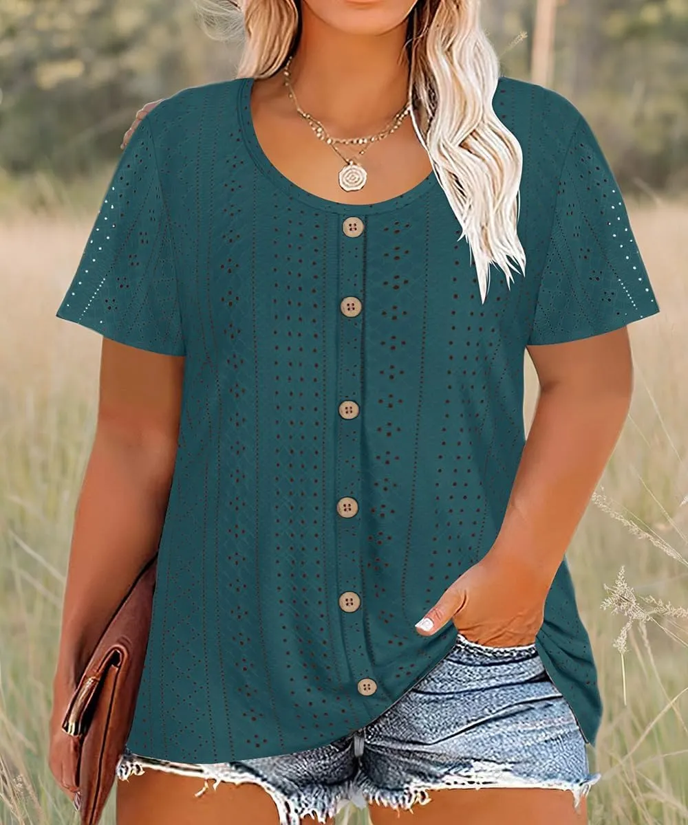 RITERA Plus Size Tops for Women Crewneck Neck with Button Up Short Sleeve Embroidery Henley Tshirt Casual Basic Shirt XL-5XL
