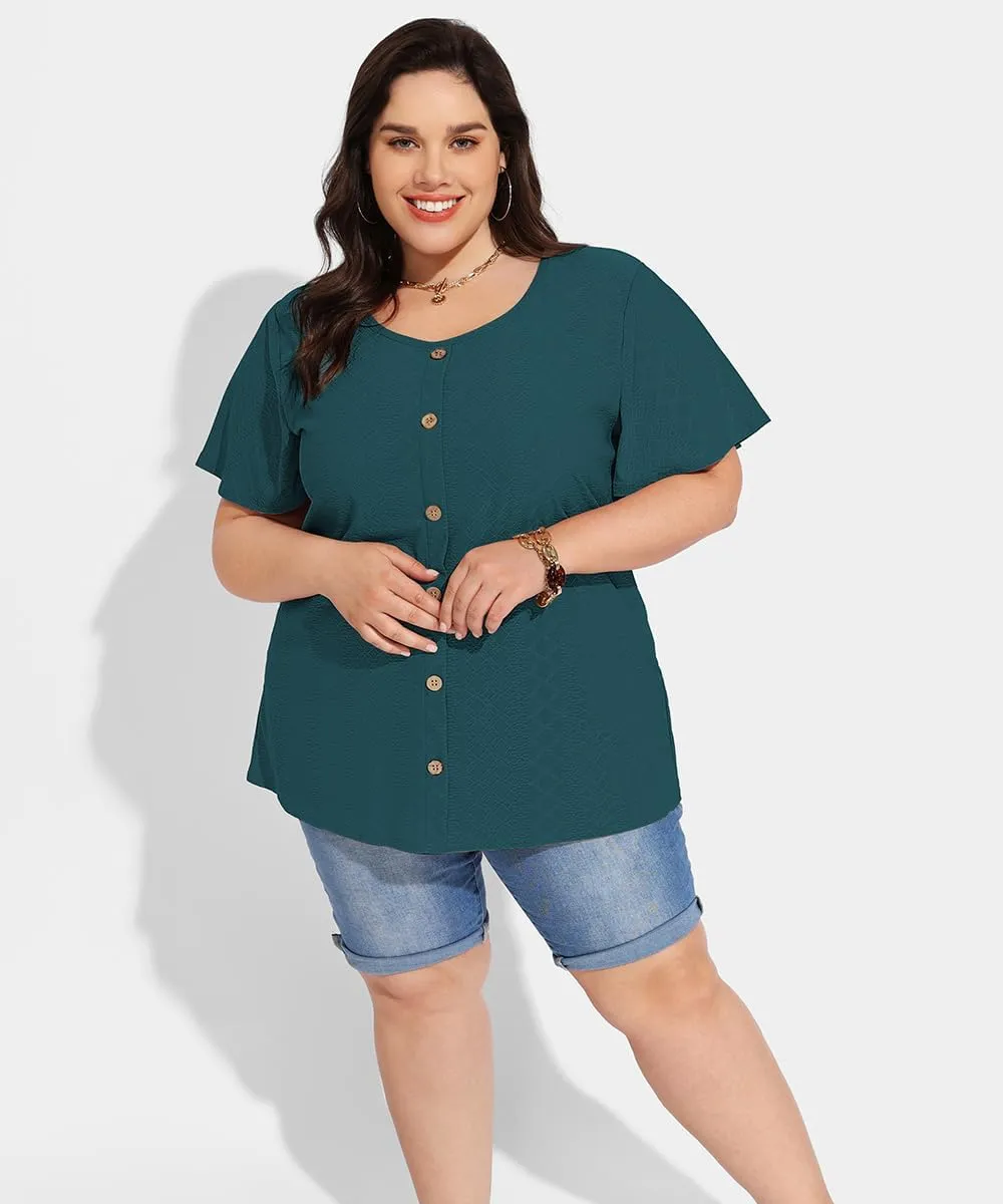 RITERA Plus Size Tops for Women Crewneck Neck with Button Up Short Sleeve Embroidery Henley Tshirt Casual Basic Shirt XL-5XL