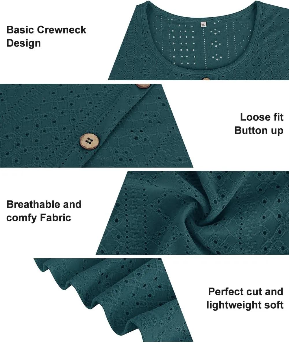 RITERA Plus Size Tops for Women Crewneck Neck with Button Up Short Sleeve Embroidery Henley Tshirt Casual Basic Shirt XL-5XL