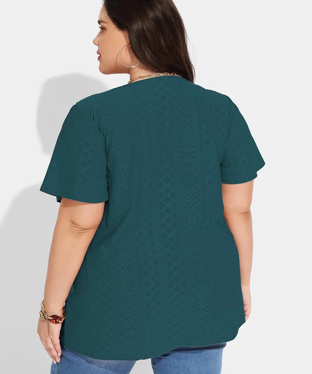 RITERA Plus Size Tops for Women Crewneck Neck with Button Up Short Sleeve Embroidery Henley Tshirt Casual Basic Shirt XL-5XL
