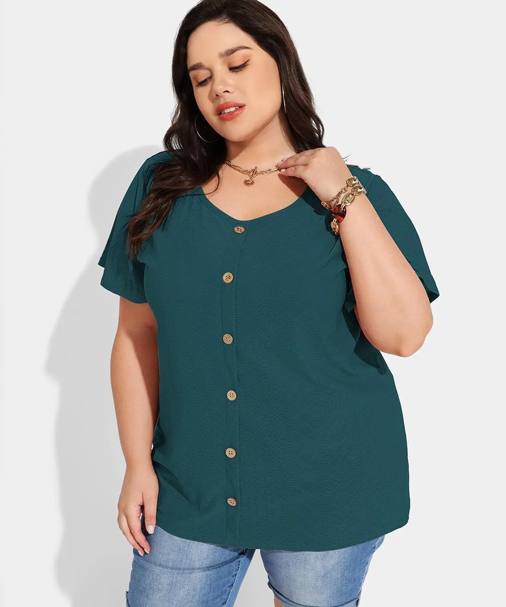 RITERA Plus Size Tops for Women Crewneck Neck with Button Up Short Sleeve Embroidery Henley Tshirt Casual Basic Shirt XL-5XL