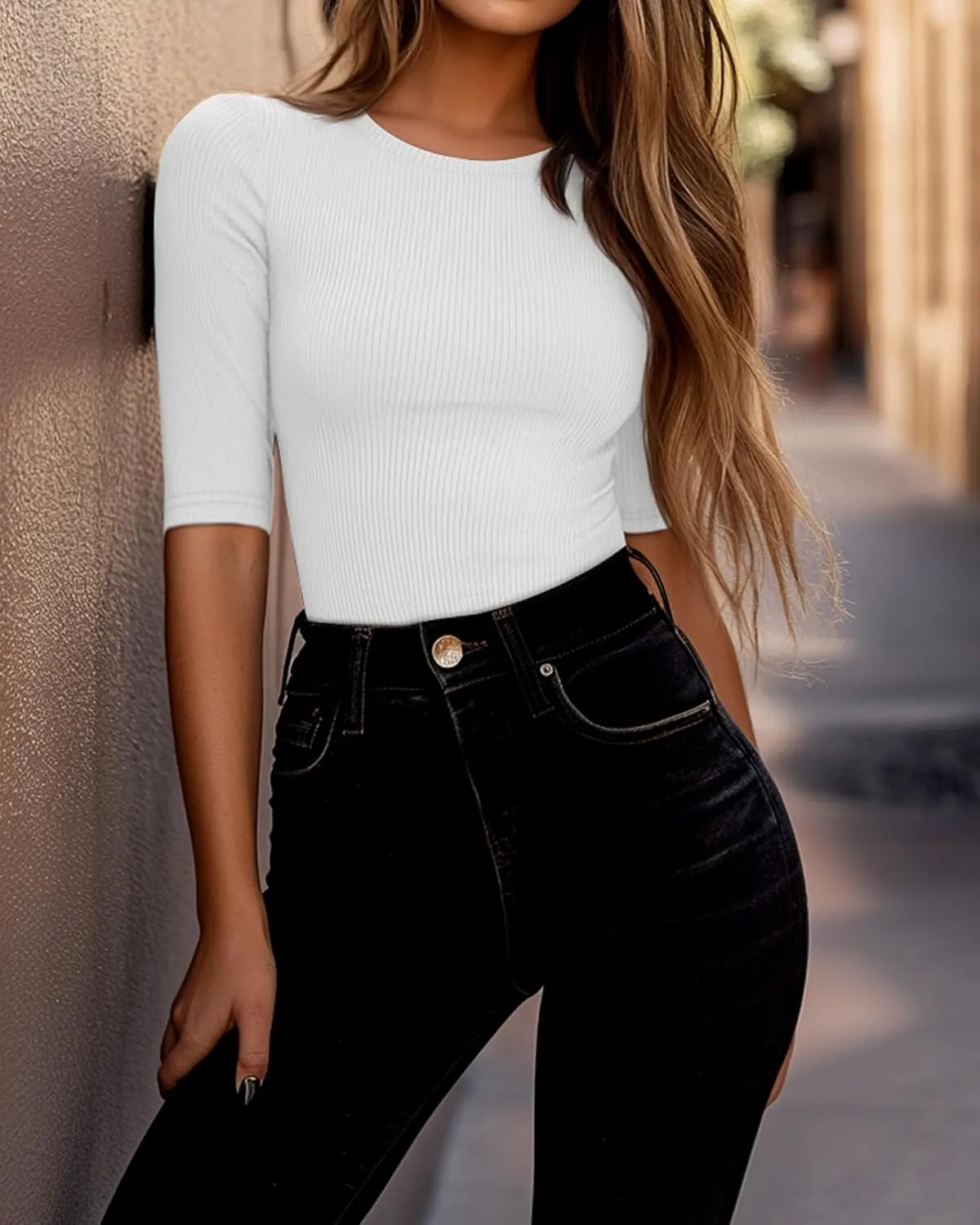 Riyiper 3 Pack Women's Half Sleeve Tops, Elbow Length Ribbed Cotton T Shirt Crew Neck Summer Tee Slim Fit Casual Blouses
