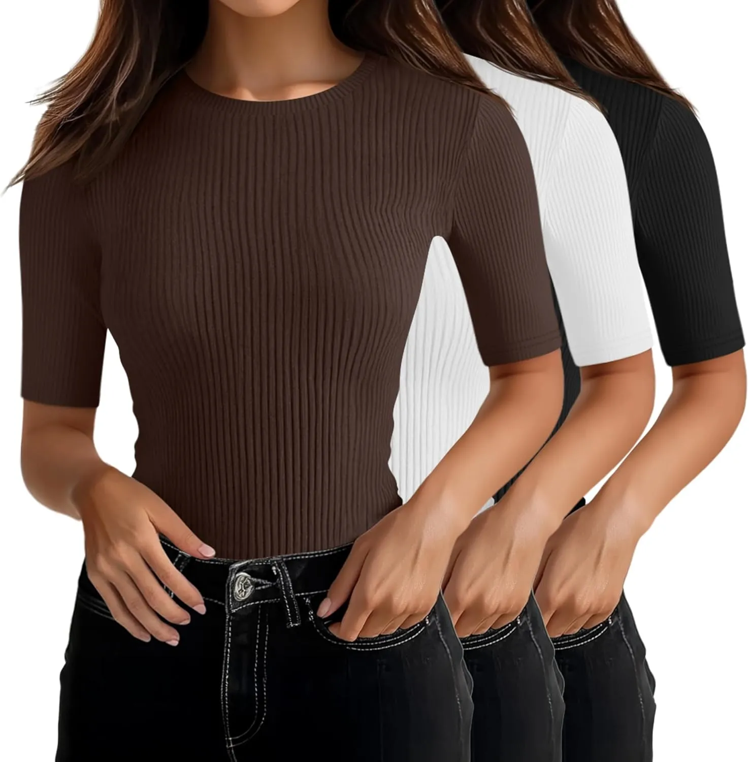 Riyiper 3 Pack Women's Half Sleeve Tops, Elbow Length Ribbed Cotton T Shirt Crew Neck Summer Tee Slim Fit Casual Blouses
