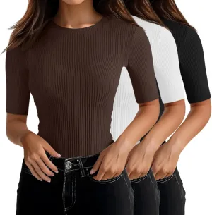 Riyiper 3 Pack Women's Half Sleeve Tops, Elbow Length Ribbed Cotton T Shirt Crew Neck Summer Tee Slim Fit Casual Blouses