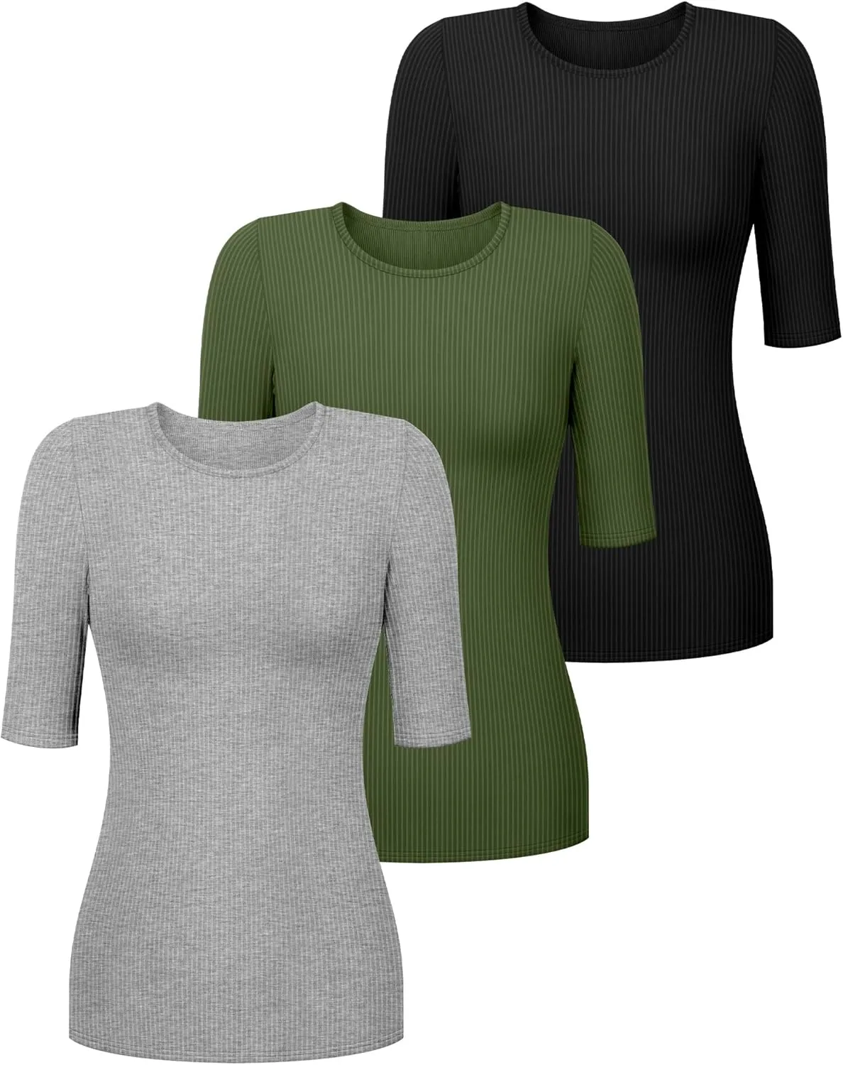 Riyiper 3 Pack Women's Half Sleeve Tops, Elbow Length Ribbed Cotton T Shirt Crew Neck Summer Tee Slim Fit Casual Blouses