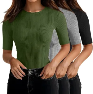 Riyiper 3 Pack Women's Half Sleeve Tops, Elbow Length Ribbed Cotton T Shirt Crew Neck Summer Tee Slim Fit Casual Blouses