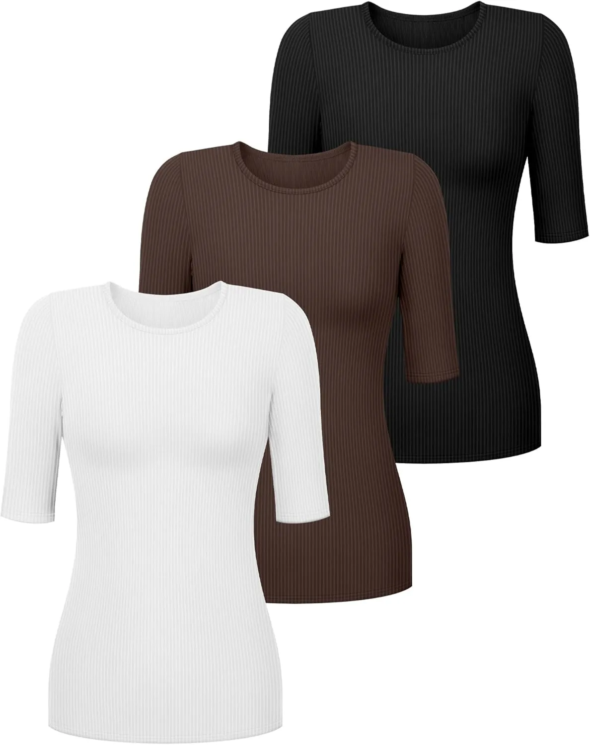 Riyiper 3 Pack Women's Half Sleeve Tops, Elbow Length Ribbed Cotton T Shirt Crew Neck Summer Tee Slim Fit Casual Blouses