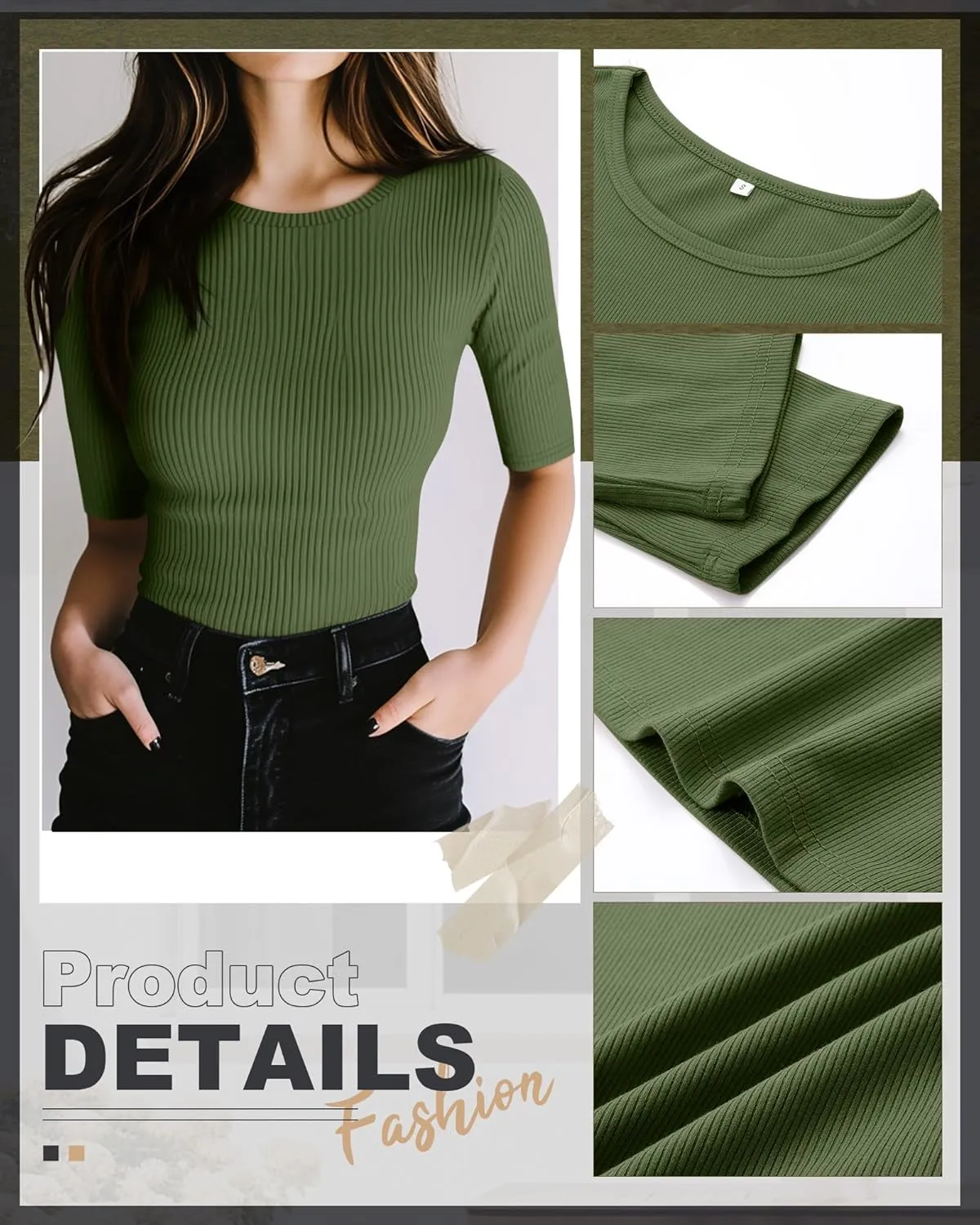 Riyiper 3 Pack Women's Half Sleeve Tops, Elbow Length Ribbed Cotton T Shirt Crew Neck Summer Tee Slim Fit Casual Blouses