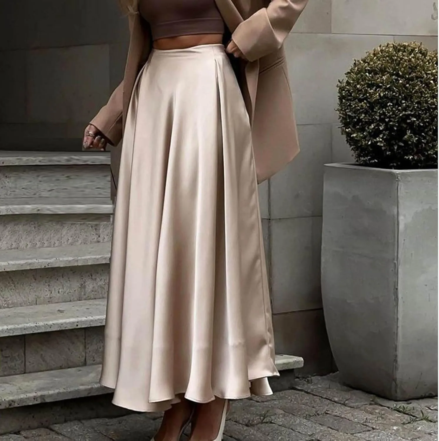 Satin Skirts for Women Solid Elastic High Waist A-Line Floor Length Skirt Summer Elegant Flowy Party Cocktail Skorts