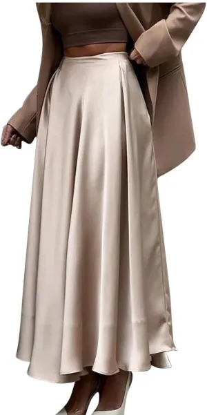 Satin Skirts for Women Solid Elastic High Waist A-Line Floor Length Skirt Summer Elegant Flowy Party Cocktail Skorts