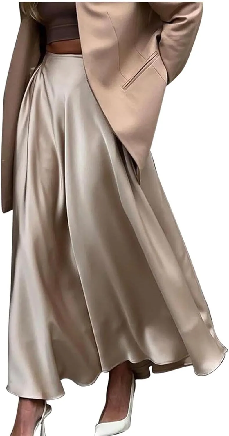 Satin Skirts for Women Solid Elastic High Waist A-Line Floor Length Skirt Summer Elegant Flowy Party Cocktail Skorts