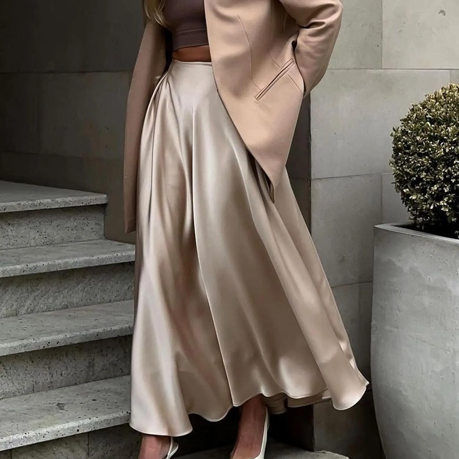 Satin Skirts for Women Solid Elastic High Waist A-Line Floor Length Skirt Summer Elegant Flowy Party Cocktail Skorts