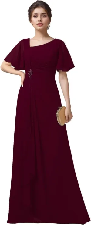 Short Sleeves Grandmother of The Bride Dresses for Wedding Ruffles Chiffon V-Neck Long Formal Dress for Women 2024