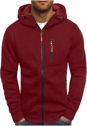 Sport Full Zip Hoodies for Men, Mens Hoodie, Men's Solid Full-Zip Long Sleeve Hooded Sweatshirt with Zipper Pockets