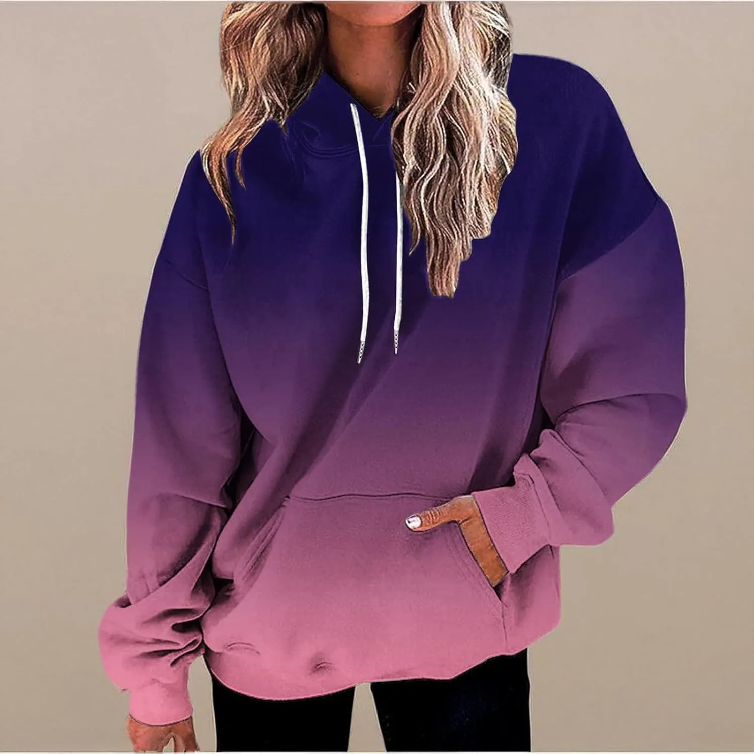 Stessotudo Womens Hoodies 2023 Casual Gradient Long Sleeve Oversized Sweatshirts Pocketed Aesthetic Fashion Pullover Tops